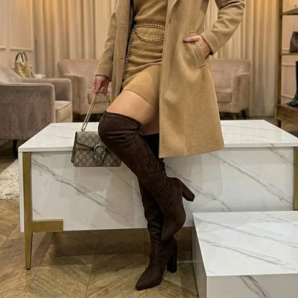 NWT Bamboo Dark Brown Suede OTK Boots 👠 3.5" Block Heel Thigh High Glam - Picture 6 of 8